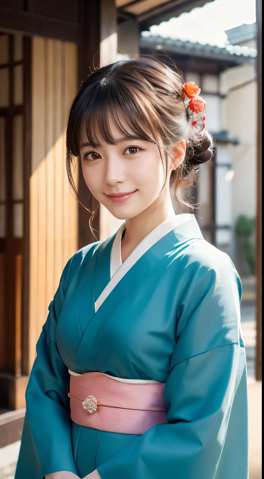 A close up of a woman in a blue kimono - SeaArt AI