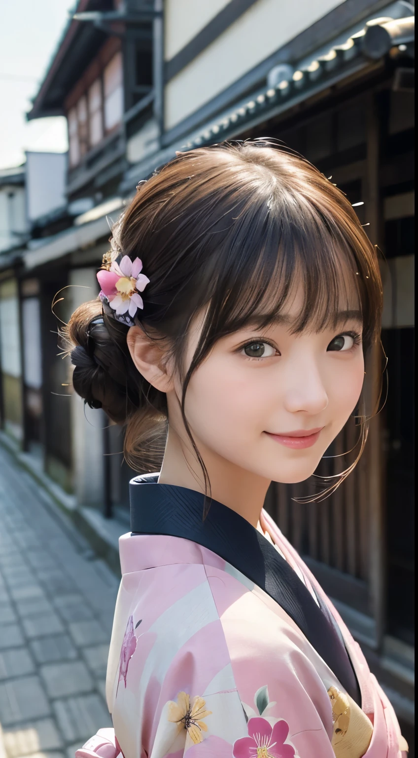 Professional Lighting,(Photorealistic:1.4), (Top image quality:1.0), (超A high resolution:1.0), 8k, Raw photography, (masterpiece:0.2), (Facing the children_v1:0.5)、(最高quality Detail:1.2)、Realistic、8K Ultra HD、High resolution、(1 girl:1.2)、超detailedな、High quality textures、複雑なdetailed、detailed、Very detailed CG、High quality shadows、detailed 美しく繊細な顔、Beautiful details and a delicate eye、(Symmetrical eyes:1.2),Written boundary depth、Ray Tracing,1 girl, Japanese Girls, (Natural smile:1.4),cute, thin, Portrait of a beautiful Japanese woman in a kimono, Standing elegantly on a street corner in Kyoto. Kimono with vibrant traditional patterns, Hair decorated with elegant and delicate hairpins, Gentle expression. (With the old streets of Kyoto in the background:1.4)、The soft light of a spring afternoon、Adding tranquility to the scene. Rendered in a Realistic style with great attention to detail, High resolutionの画像.Sky Porn, Magic Hour, (Realistic:1.3), finely, quality, (Tabletop:1.2), (Realistic:1.2), (最高quality), (複雑なdetailed), dramatic, Ray Tracing, photograph, +roller