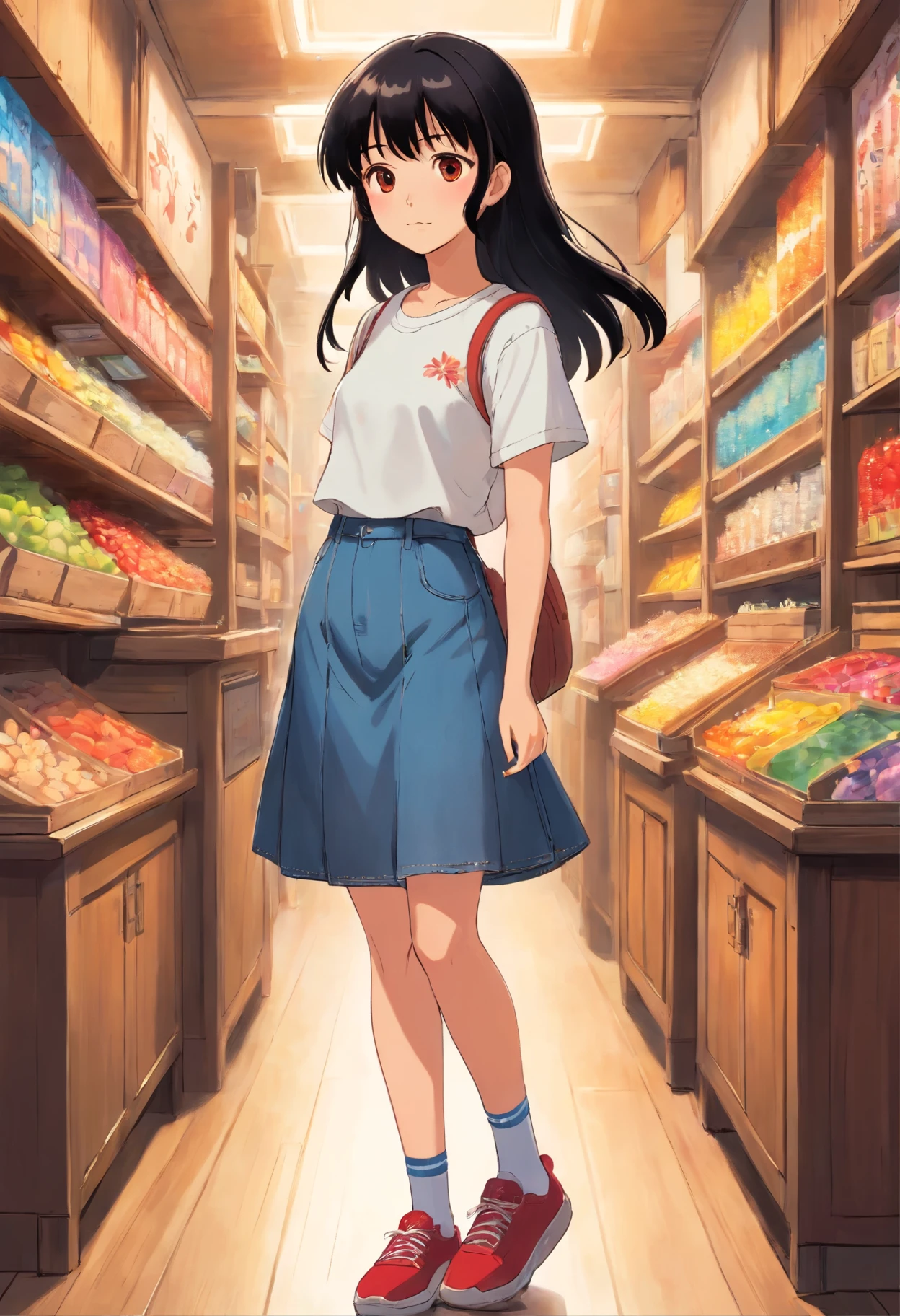 Young girl, 20 years old, straight black hair with bangs, 1.60 meters tall, brown almond eyes, white t-shirt, blue jean skirt, red sneakers, ankle socks, ghibli flower
