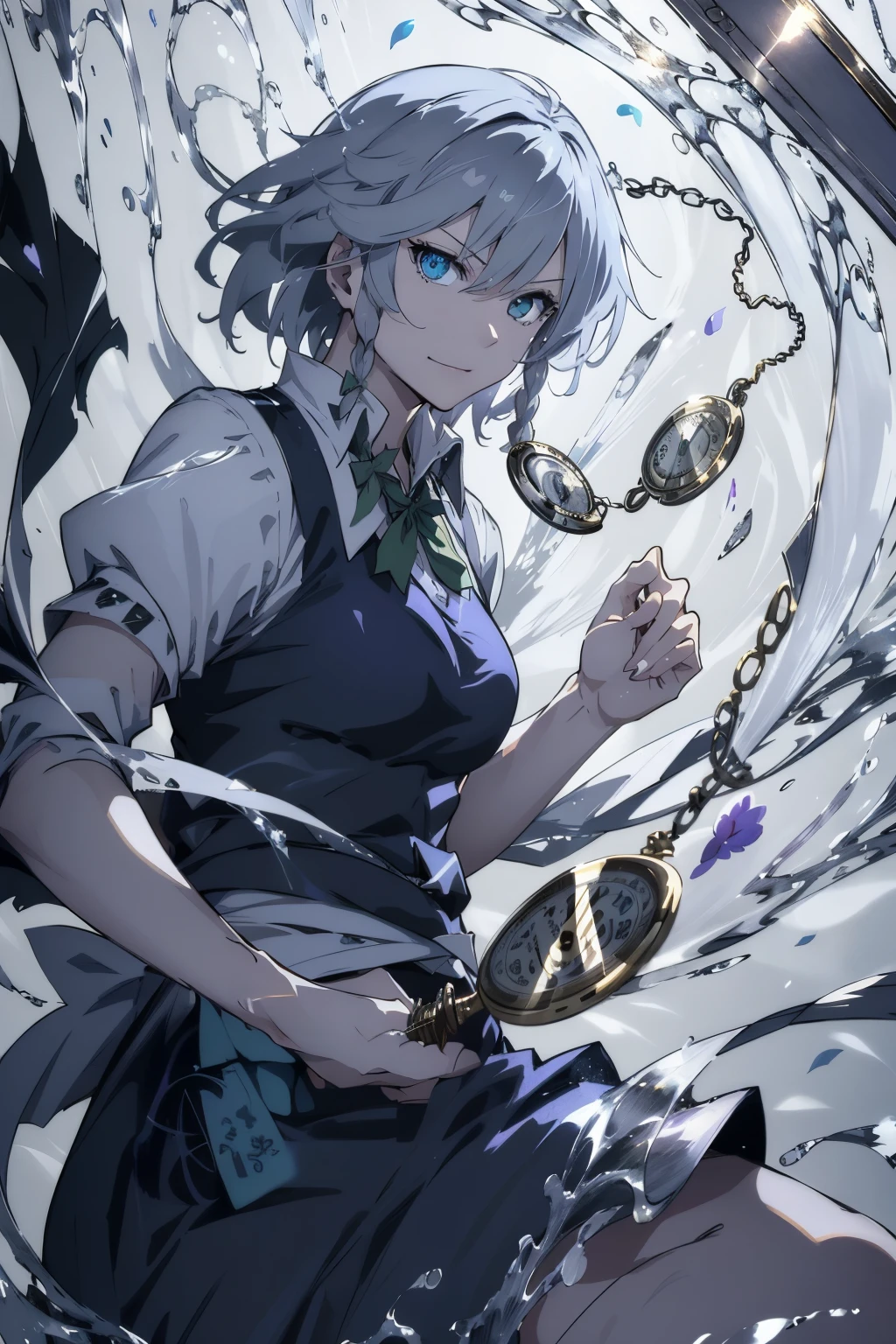 masterpiece, best quality, illustration, 1girl, solo, Izayoi Sakuya, (white short hair), maid headband, sharp eyes, (vivid color), light, thick smoke:1.6, (floating white ink:1.8), Cyan flame, (beautiful and clear background:1.25), (depth of field:0.7), Dreamlike, (highres:1.2), (ultra-detailed:1.2), (extremely detailed CG unity 8k wallpaper:1.2), (traditional media), (sketch:1.1), finely detailed beautiful eyes and detailed face, Knives, (flying petals:1.2), (evil look:1.5), (knives in right hand and pocket watch in left hand:1.3), Knifefight, dynamic colors, colorful, dynamic pose, dynamic angle, (cinematic angle:1.5), Touhou, knife, holding Knives, izayoi sakuya, medium breasts, (detailed eyes), cute, beauty, HDR, 4K, nier anime style, harmony, fighting stance, izayoi sakuya