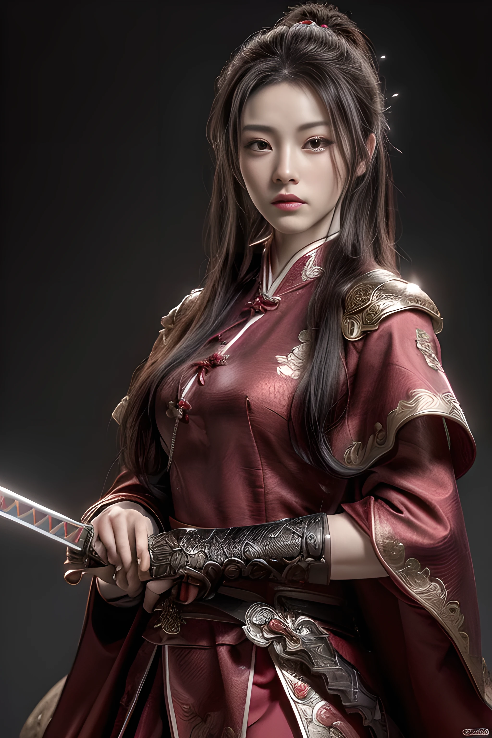 ((masterpiece, highest quality, High resolution, Realistic, to be born, 8k wallpaper)), Female swordsman in Chinese costume, Heroes of the Three Kingdoms, (He has a big sword in each hand), She has long black hair tied back, Wearing iron armor and a red cloak, Hold your sword towards the audience, Glaring at you, Dynamic pose, 