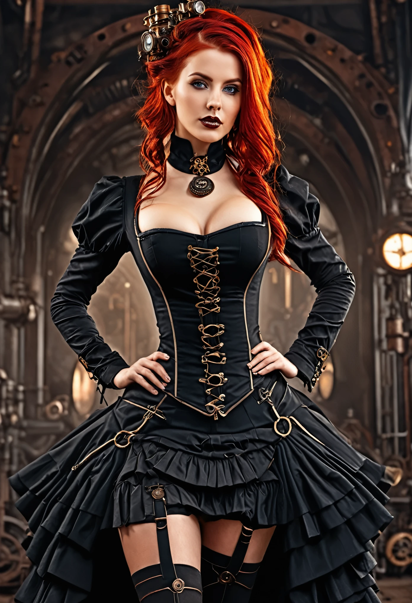 Masterpiece best quality, ultra high resolution, 4K detaillierte CG (Adriana Malkova 1.0) strahlende Augen, rotes Haar, Steampunk, mit em Split-Off-Meshkleid und Stiefeln
