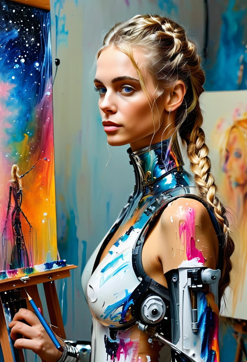 The easel, the paints, the artist, standing Full-length, Sexy cyborg woman drawing self-portrait in oil paints, french braid, blonde hair