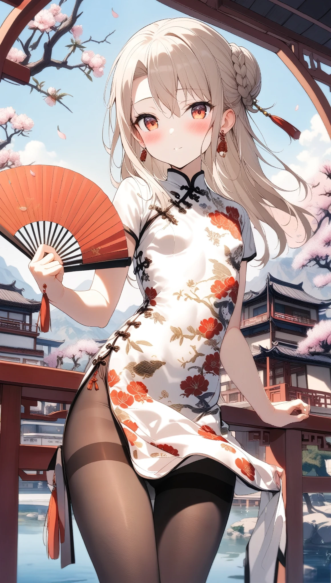1girl,(illyasviel von einzbern),red_eyes,cream hair,(french braid),seductive smile,blush,flower,beautiful detailed_background,small breasts,butterfly,(qipao,china dress,chinese clothes,dress),gold trim,floral print,folding fan,jewelry,earrings,explicit,flower,general, hair_ornament,peach blossom,long_hair,looking_at_viewer,pantyhose,paper fan,print dress,solo,thighband pantyhose,questionable,sensitive,solo,tassel,tassel_earrings,(spring),Chinese style architecture, Chinese style, lake, ancient town, beautiful and meticulous water, (Fishing boat), pavilion,steam,Surrounding by falling peach blossoms petals,