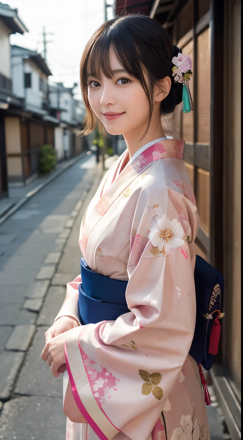 Professional Lighting,(Photorealistic:1.4), (Top image quality:1.0), (超A high resolution:1.0), 8k, Raw photography, (masterpiece:0.2), (Facing the children_v1:0.5)、(最高quality Detail:1.2)、Realistic、8K Ultra HD、High resolution、(1 girl:1.2)、超detailedな、High quality textures、複雑なdetailed、detailed、Very detailed CG、High quality shadows、detailed 美しく繊細な顔、Beautiful details and a delicate eye、(Symmetrical eyes:1.2),Written boundary depth、Ray Tracing,1 girl, Japanese Girls, (Natural smile:1.4),cute, thin, Portrait of a beautiful Japanese woman in a kimono, Standing elegantly on a street corner in Kyoto. Kimono with vibrant traditional patterns, Hair decorated with elegant and delicate hairpins, Gentle expression. (With the old streets of Kyoto in the background:1.4)、The soft light of a spring afternoon、Adding tranquility to the scene. Rendered in a Realistic style with great attention to detail, High resolutionの画像.Sky Porn, Magic Hour, (Realistic:1.3), finely, quality, (Tabletop:1.2), (Realistic:1.2), (最高quality), (複雑なdetailed), dramatic, Ray Tracing, photograph, +roller