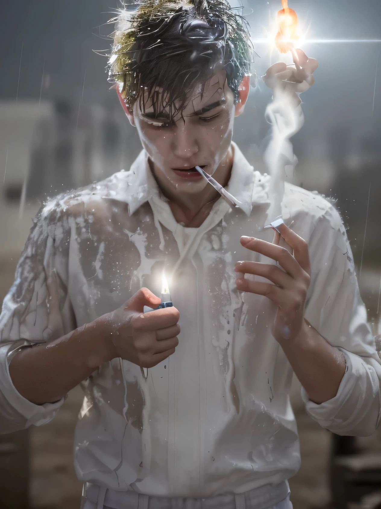 Create a 3D illusion in which a 19 years old boy is the hero, who has killed 4-5 villains due to which his white clothes are completely soaked with blood, and he is holding a cigarette in his mouth with full attitude, and in one hand he is seen lighting a cigarette with a lighter, the boy's face is shining in it, and the other hand is in his pant pocket, and there is light rain. 4k realistic image