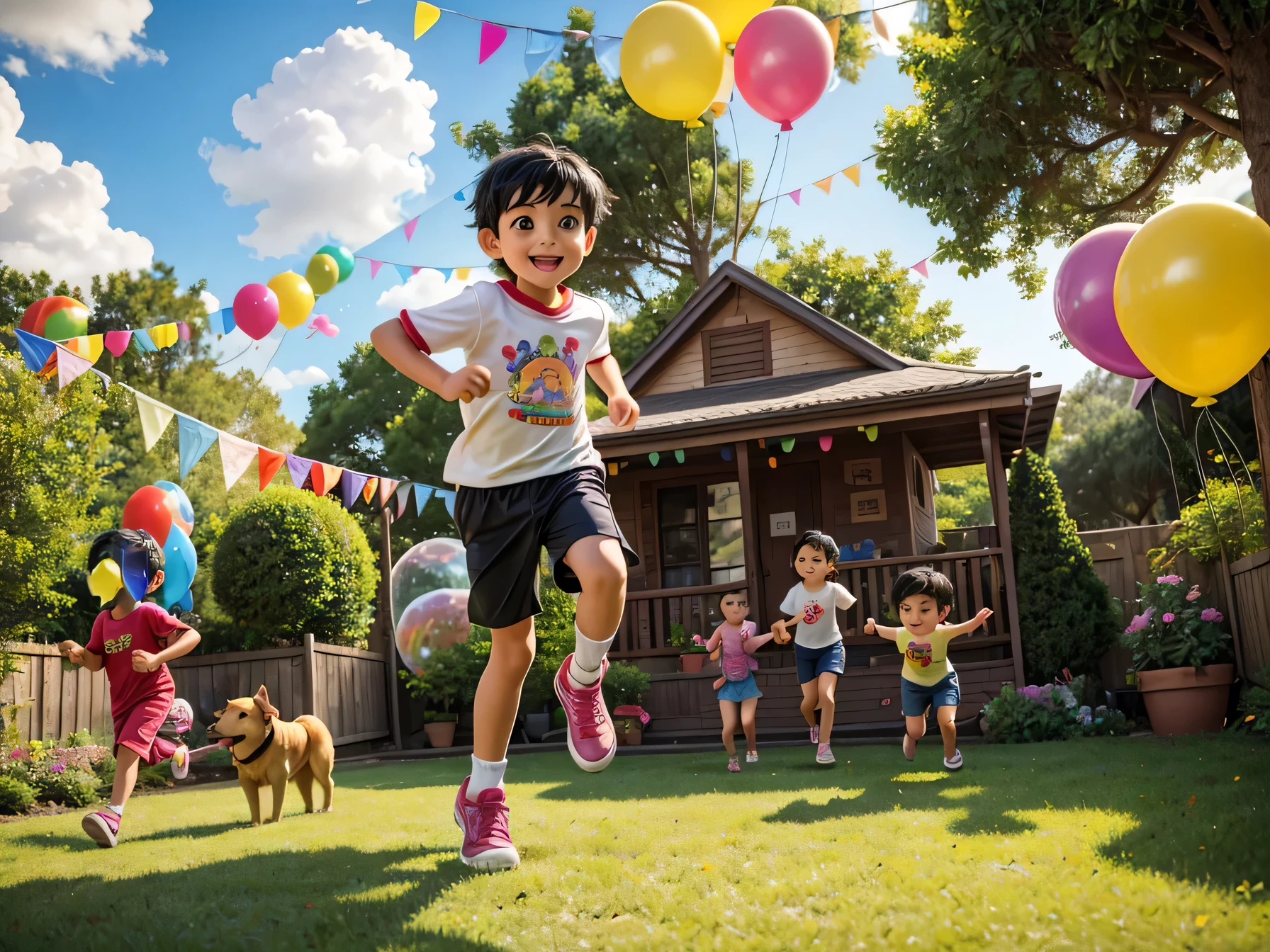 best quality, 8 year old boy with black hair, running with his friends, colorful food, balloons, birthday decorations, 8 year old children playing, happy, fun environment, decorated garden, golden dog in the background