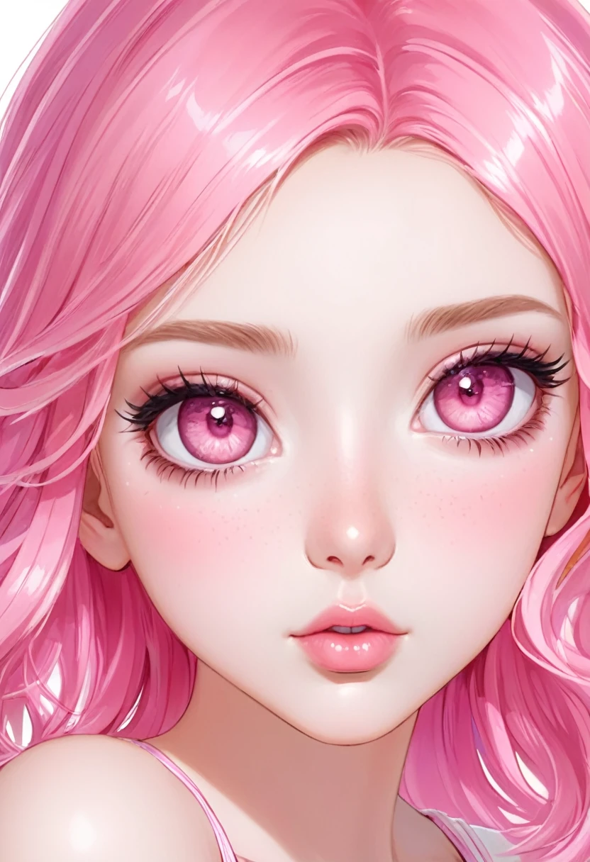 Realista 1 chica cabello rosado ojos claros rubor labios rosas palido tez blanca mirada angelical