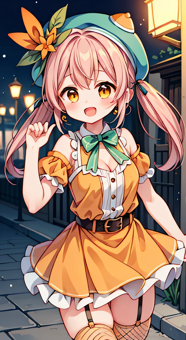(masterpiece, top quality, best quality, official art, beautiful and aesthetic:1.2),ultra-detailed,intricate details,amazing illustration,award-winning art,atmospheric,
BREAK,



 1 beautiful girl, Solo,(Cute:1.5),(Chibi:0.8), (kawaii:1.5),(Lori:0.5), BREAK, (girl, Cute, Cheerful,  face, medium breasts:1.2),(Pink hair,disheveled short twin tails,tareme,Gold eyes:1.2),gleaming skin,Clear skin, cleavage of the breast,Beautiful , gleaming skin,Clear skin, Beautiful skin,( A smile:1.5),(best quality face),(Top quality glowing eyes),(The best smile,:D:1.45),

BREAK,(highly saturated (orange, tangerine) and green theme:1.4), (tone on tone:1.3), (wearing tangerine [[crochet]] hat:1.4), (green ribbon:1.4), (sleeveless (orange:1.1) and (white:0.7) [polka dot pattern] sundress:1.4), (bare shoulders:1.3), (suspenders with ruffles:1.2), (green belt with ribbon:1.3), (orange tiered skirt with ruffles:1.3), (platform HIGH boots:1.1), (green ribbon on head:1.3),
BREAK (fishnet stockings:1.3), (earrings shape of mandarin oranges:1.2),
BREAK

BREAK,(morning), The girl is breakdancing on the city street,(The city at night is wrapped in beautiful flowers of light. This light illuminates the buildings and streets of the city, dispelling the darkness. The flowers of light brighten people’s hearts and bring hope and joy. This scene is a symbol of beauty and hope, a moving moment.)depth of fields,

BREAK,wakame,wakame,wakame,(Cowboy Shot:1.4),

BREAK,(Blurry background:1.3),(absurderes, hight resolution, Super Detail Art),cel shading,Clear Color, Lonely optical effect, Beautiful pictures, Bright glow, mystic atmosphere,(Close-up of girl:1.1), Mystical light particle effect,manga influence, clean line drawings,