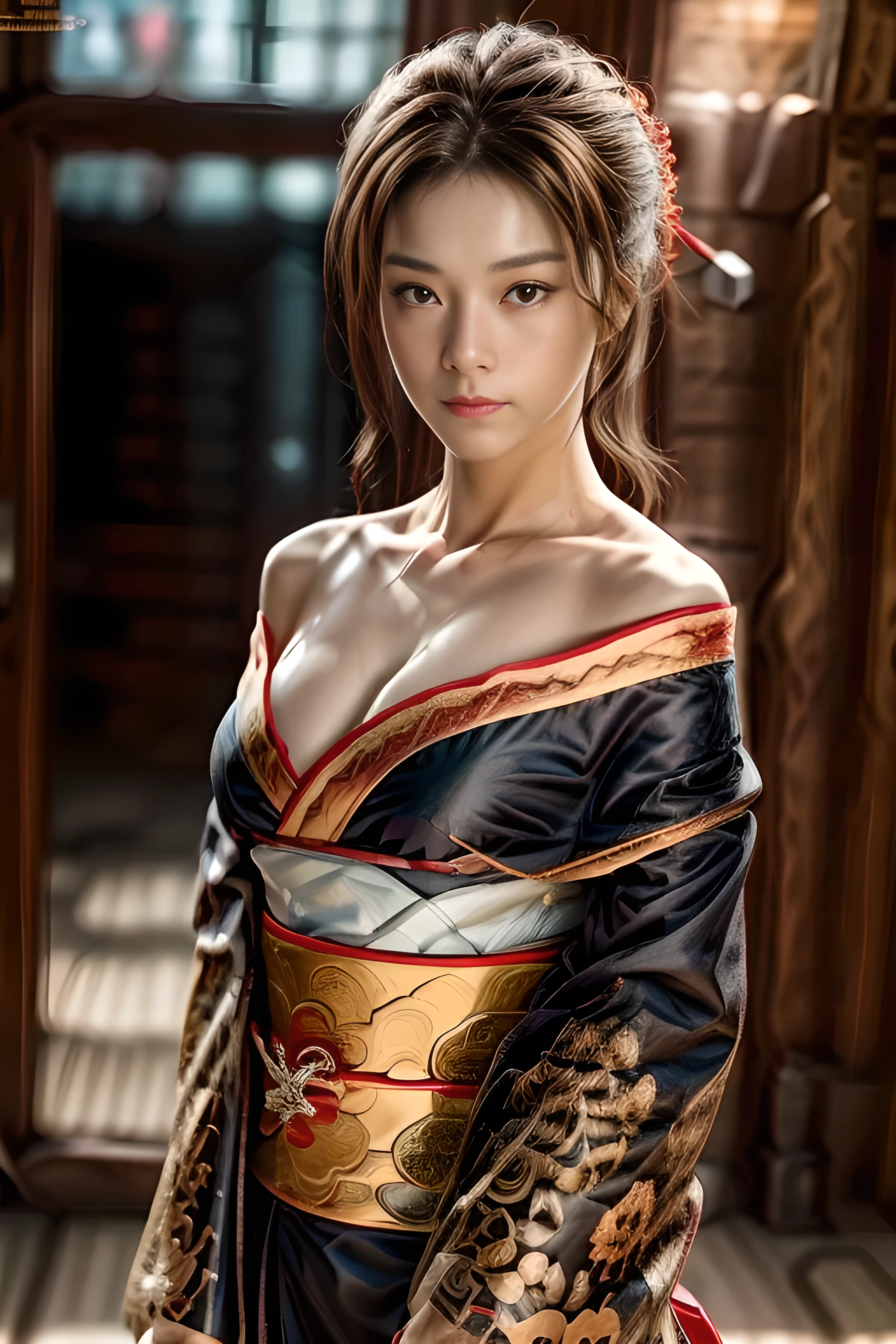 ((masterpiece, highest quality, High resolution, Realistic, to be born, 8k wallpaper)), Female swordsman in Chinese costume, Heroes of the Three Kingdoms, (He has a big sword in each hand), She has long black hair tied back, Wearing iron armor and a red cloak, Hold your sword towards the audience, Glaring at you, Dynamic pose, Off-the-shoulder kimono