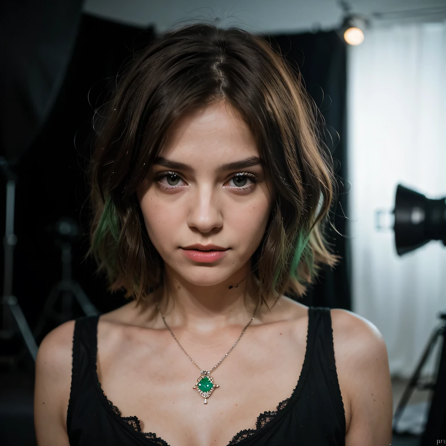 1girls, Nur, green Hair , 24 years old , photo shoot, photo studio, unedited photo, редкционннAя photography, ультрAдетAлизировAннAя photography, photography filming, KINEMATOGRAPHIC, posing, Amateur photography, Aalog, RAW, , 35 mm, A (Amateur photography), flash photography, Taken with an old camera, polaroid , 8K, very detailed, (high quality, best quality:1.3), Extremely high resolution, level of detail, Kiki from NetherlAds, short hair, keep her hair at shoulder length slightly above the shoulder, the ends of her hair will be green, especially The ends of your hair will be green! dark atmosphere, ((concentrated) eyes on)) Female expressions, Image looking directly at the camera, photography, Fujifilm SuperA Premium 400, Nikon D850 photography из фильмA, CodeAk PortrA 400 F1.6 lenses, 8K, UHD, with light fluffy feathers with stylish stones on them Let her wear a dress, have accessories in her hair, wear a stylish diamond necklace and stylish diamond and emerald jewelry, let her be extremely realistic and flawless.