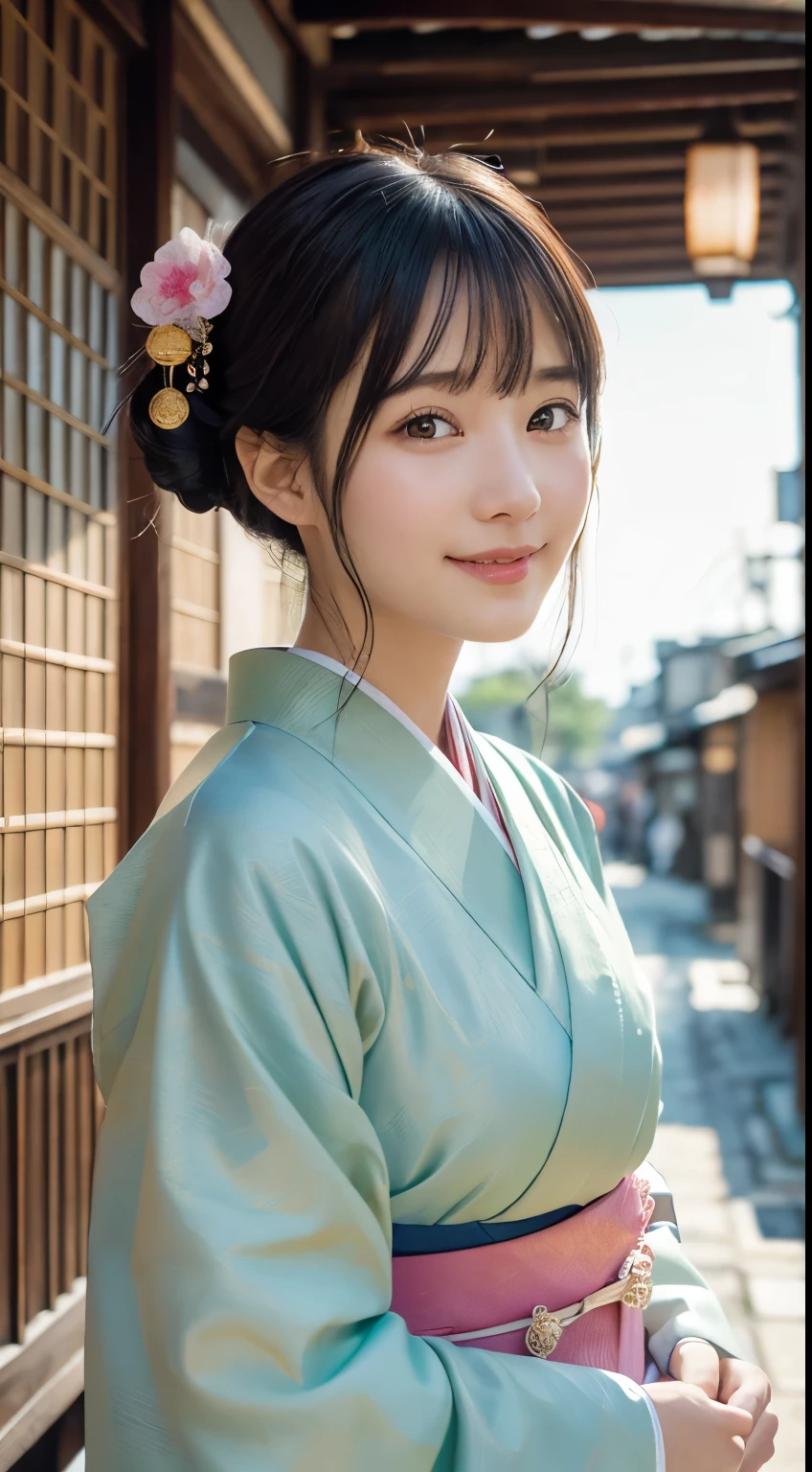 Professional Lighting,(Photorealistic:1.4), (Top image quality:1.0), (超A high resolution:1.0), 8k, Raw photography, (masterpiece:0.2), (Facing the children_v1:0.5)、(最高quality Detail:1.2)、Realistic、8K Ultra HD、High resolution、(1 girl:1.2)、超detailedな、High quality textures、複雑なdetailed、detailed、Very detailed CG、High quality shadows、detailed 美しく繊細な顔、Beautiful details and a delicate eye、(Symmetrical eyes:1.2),Written boundary depth、Ray Tracing,1 girl, Japanese Girls, (Natural smile:1.4),cute, thin, Portrait of a beautiful Japanese woman in a kimono, Standing elegantly on a street corner in Kyoto. Kimono with vibrant traditional patterns, Hair decorated with elegant and delicate hairpins, Gentle expression. (With the old streets of Kyoto in the background:1.4)、The soft light of a spring afternoon、Adding tranquility to the scene. Rendered in a Realistic style with great attention to detail, High resolutionの画像.Sky Porn, Magic Hour, (Realistic:1.3), finely, quality, (Tabletop:1.2), (Realistic:1.2), (最高quality), (複雑なdetailed), dramatic, Ray Tracing, photograph, +roller