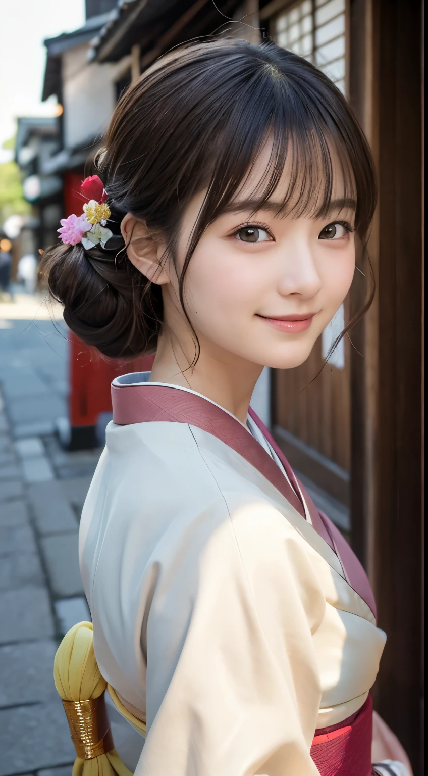 Professional Lighting,(Photorealistic:1.4), (Top image quality:1.0), (超A high resolution:1.0), 8k, Raw photography, (masterpiece:0.2), (Facing the children_v1:0.5)、(最高quality Detail:1.2)、Realistic、8K Ultra HD、High resolution、(1 girl:1.2)、超detailedな、High quality textures、複雑なdetailed、detailed、Very detailed CG、High quality shadows、detailed 美しく繊細な顔、Beautiful details and a delicate eye、(Symmetrical eyes:1.2),Written boundary depth、Ray Tracing,1 girl, Japanese Girls, (Natural smile:1.4),cute, thin, Portrait of a beautiful Japanese woman in a kimono, Standing elegantly on a street corner in Kyoto. Kimono with vibrant traditional patterns, Hair decorated with elegant and delicate hairpins, Gentle expression. (With the old streets of Kyoto in the background:1.4)、The soft light of a spring afternoon、Adding tranquility to the scene. Rendered in a Realistic style with great attention to detail, High resolutionの画像.Sky Porn, Magic Hour, (Realistic:1.3), finely, quality, (Tabletop:1.2), (Realistic:1.2), (最高quality), (複雑なdetailed), dramatic, Ray Tracing, photograph, +roller