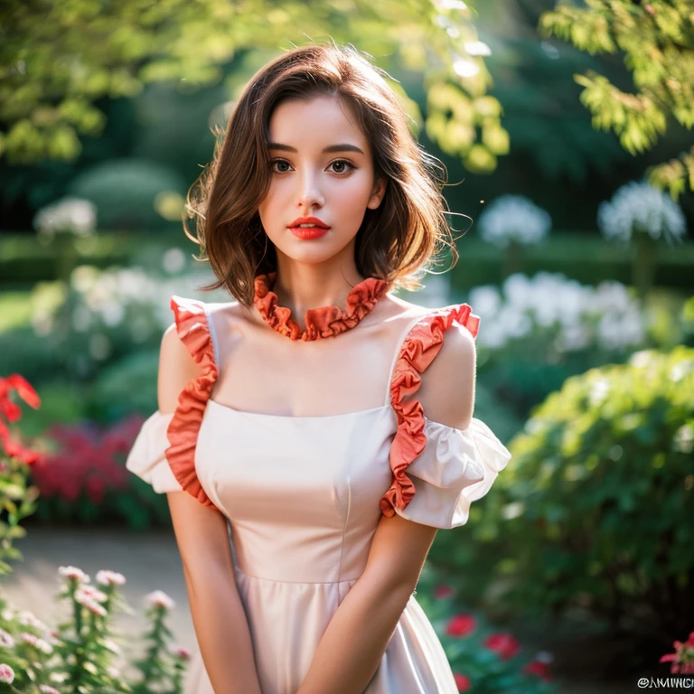 short hair, nlnnnx, (Clear focus:1.2), photo, Attractive young woman, (Pretty Face:1.1), Delicate eyes, Sweet lips, (Bold red lip color:0.85), (Large Breasts:1.0), (slim:1.2), (Long hair:1.2), Wear (1980s Ruffle Dress:1.2) in a (Botanical Gardens:1.2). (Mood lighting:1.2), Depth of Field, Bokeh, 4K, HDR. go through (James C. Christensen:1.2|Jeremy Lipkin:1.1).