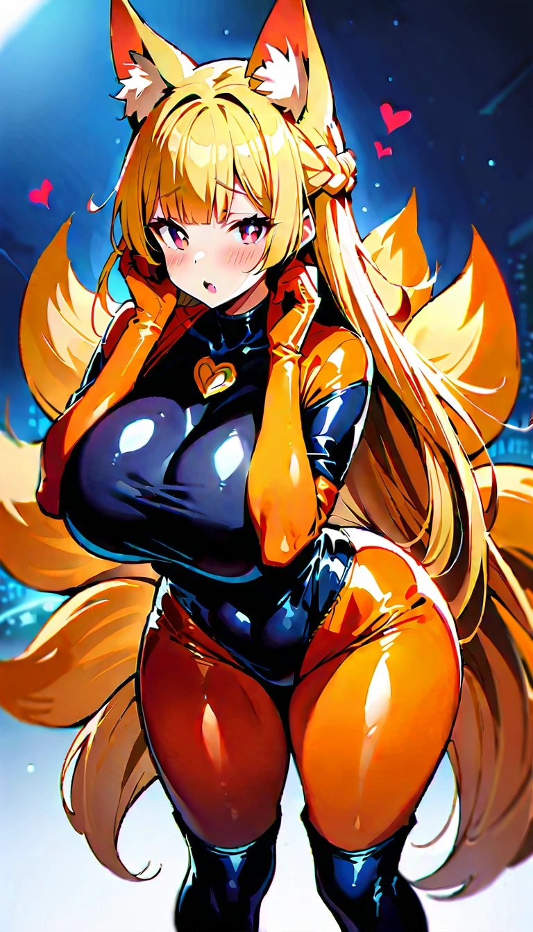 blonde hair, french braid, hair behind ear, hime cut, very long hair, heart-shaped pupils, animal ears, fox ears,"long orange fox ears with black tips", covering ears, kemonomimi mode, ahego,tail emanating(9 tails fox),huge tits, large hips,fully clothed,skin covered with latex , no nswf, high detail, depth of field, masterpiece, anatomically correct, high quality, award winning