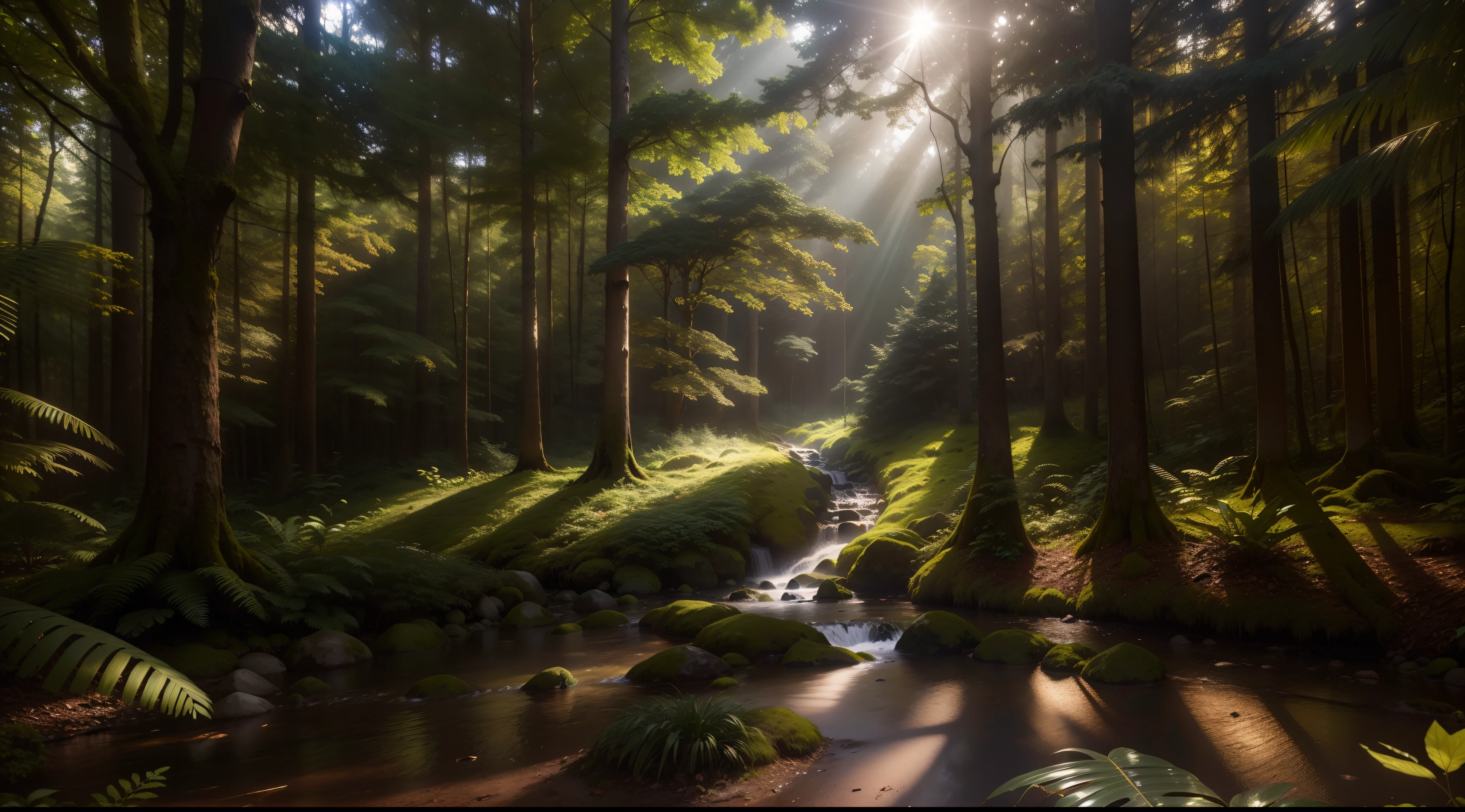 luz do sol brilhando [lado direito da imagem] Through the trees in a forest with ferns, magical forest, Luz de raio florestal, magical forest backround, cinematic forest lighting, Fotografia capturada em uma floresta, magical forest background, magical atmosphere, Magic Forest, Luz da Floresta, magical clearing, magical forest in the background, Foto vencedora do concurso Unsplash, fotografia da floresta encantada, Luz matinal 8K HDR, Vencedor do Unsplash Photo Contest, altamente detalhada
