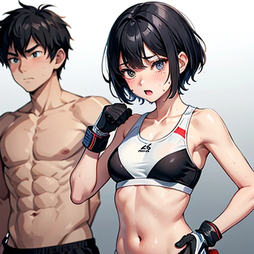 Small breasts. Cute Japanese high school girl with short-cut black hair. She competes in a mixed martial arts ring. She is suffering from a punch hit from her opponent on her poor belly. She is very sweaty, out of breath, both eyes tightly closed, out of stamina, slender body, poor body, poor belly, sports bra, bikini shorts, open finger gloves.