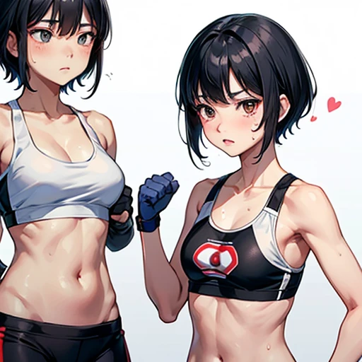 Small breasts. Cute Japanese high school girl with short-cut black hair. She competes in a mixed martial arts ring. She is suffering from a punch hit from her opponent on her poor belly. She is very sweaty, out of breath, both eyes tightly closed, out of stamina, slender body, poor body, poor belly, sports bra, bikini shorts, open finger gloves.