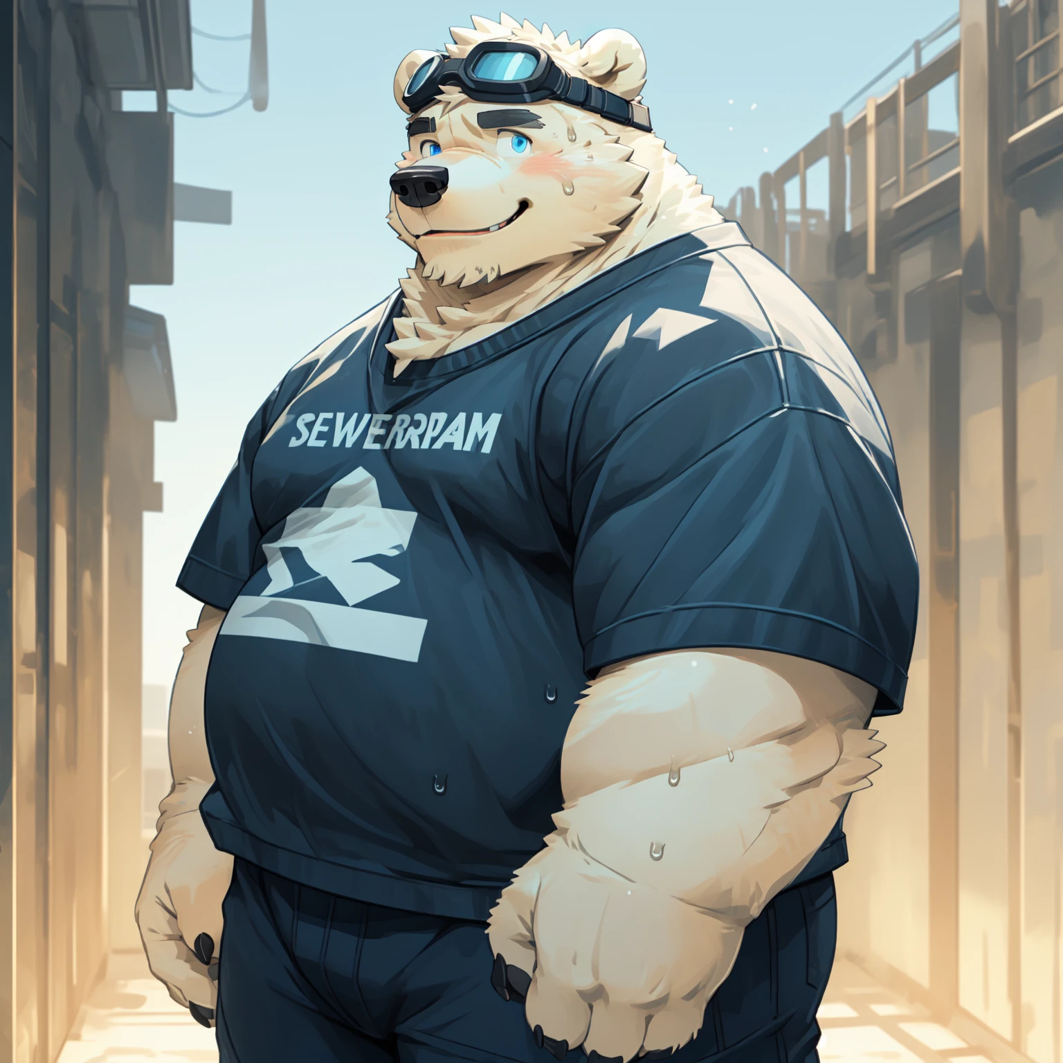 New Jersey 5 Furry,polar bear,portrait,standing solo,Exquisite, Chubby,Fat,Thick arms,Rugged muscles,White plush fur,Chubby脸,Black eyebrows,Sky blue eyes,Beard,In the barracks,in the sun,Goggles are worn on the forehead,Camouflage,Pants,Sweating,Smile