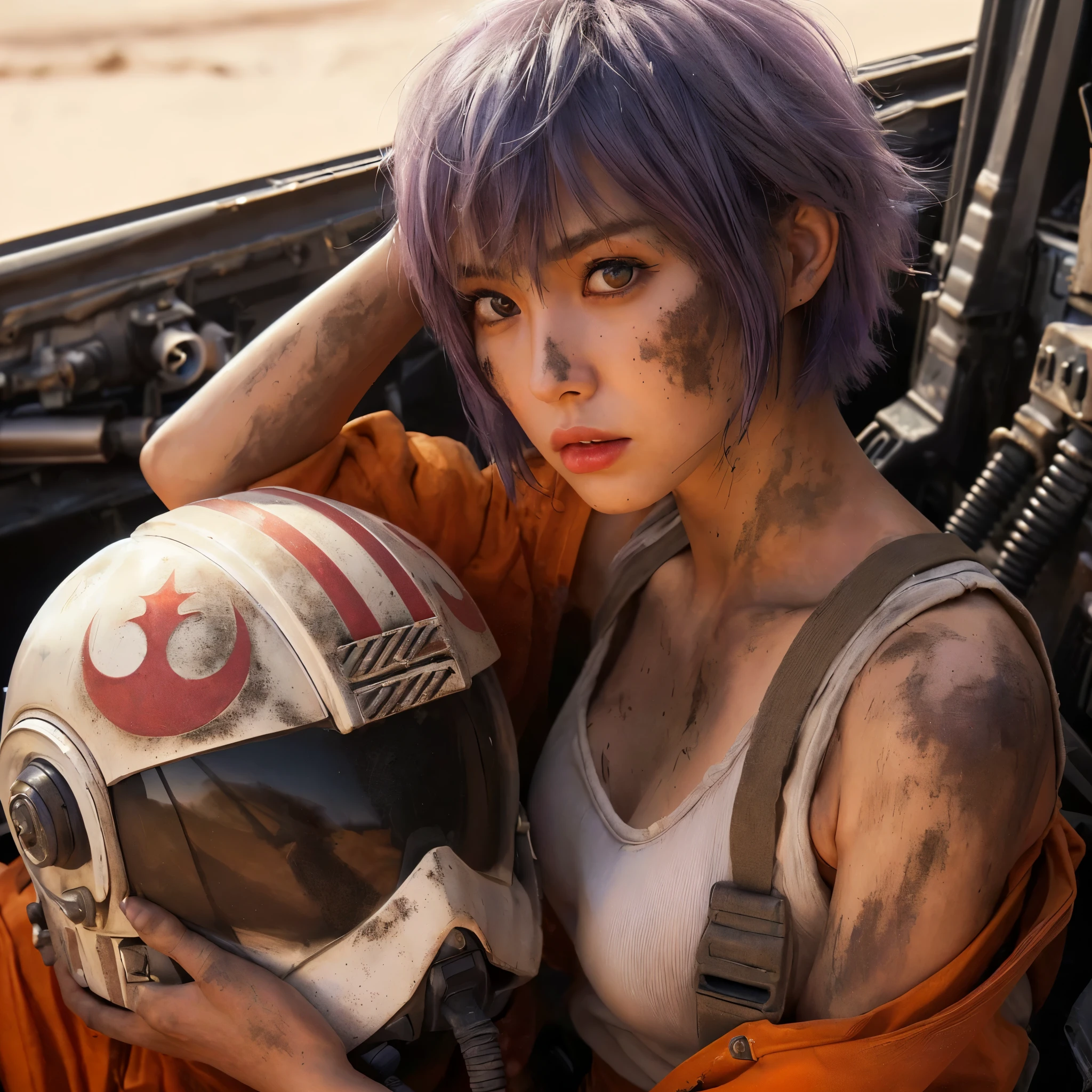 ((very sharp photo result & detailed face)) (((textile shading))), (((Best Quality))), (((masterpiece))), (((hyper realistic photo))) movie scene, cinematic, backlight dramatic shade photography, full body profile, sassy japanese girl, short spiky violet hair, heads up pale skin wear faded dirty white tanktop with opened pilot orange jumpsuit, cool posing hold helmet,dirty face & clothes with dust in wide dessert, posing on top of her X-wing jet fighter, UHD 8k