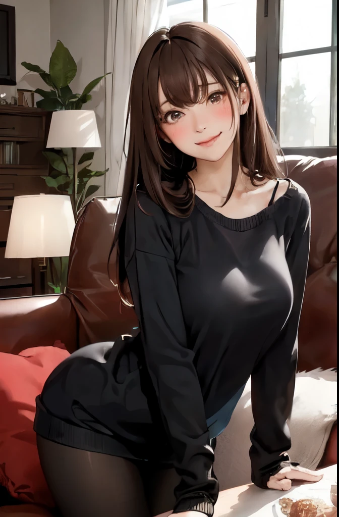 1 Woman Standing, /(Oversized sweater/) V-neck, Mature Woman, /(Brown Hair/) bangs, A gentle blushing smile, (Masterpiece of the highest quality:1.2) Delicate illustrations, super detailed, Big tits pantyhose ripping /(Modern house living room/) indoor