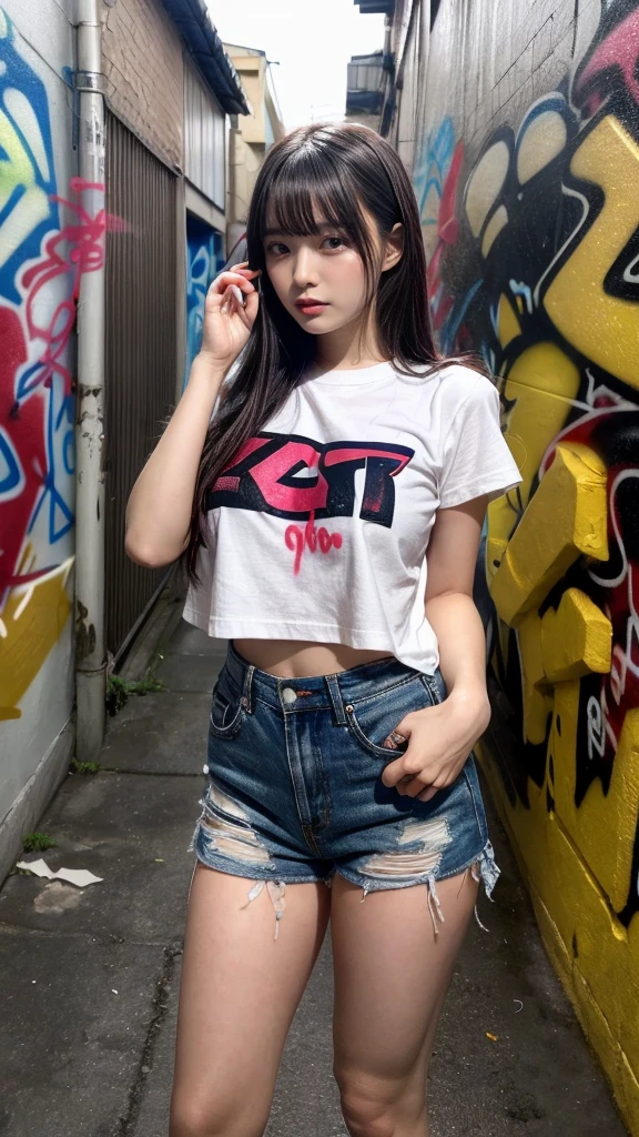 masterpiece, best quality, illustration, Super detailed, fine details, High resolution, 8K,wall paper, perfect dynamic composition,(Details High quality, realistic depiction of eyes:1.3), (Japanese teenage girl standing in a dirty back alley at night, graffitied wall:1.1), (wearing a tattered and dirty t-shirt.:1.1), Wearing baggy pants, plump body, short bob hair, black hair color, Big Natural Color Lip, seductive face, provocative look, crying a little、Harajuku style、(graffiti), night time, 20 year old girl、cute type、lolita, Gravure Idol, full body photo、focus on crotch, (huge breasts)