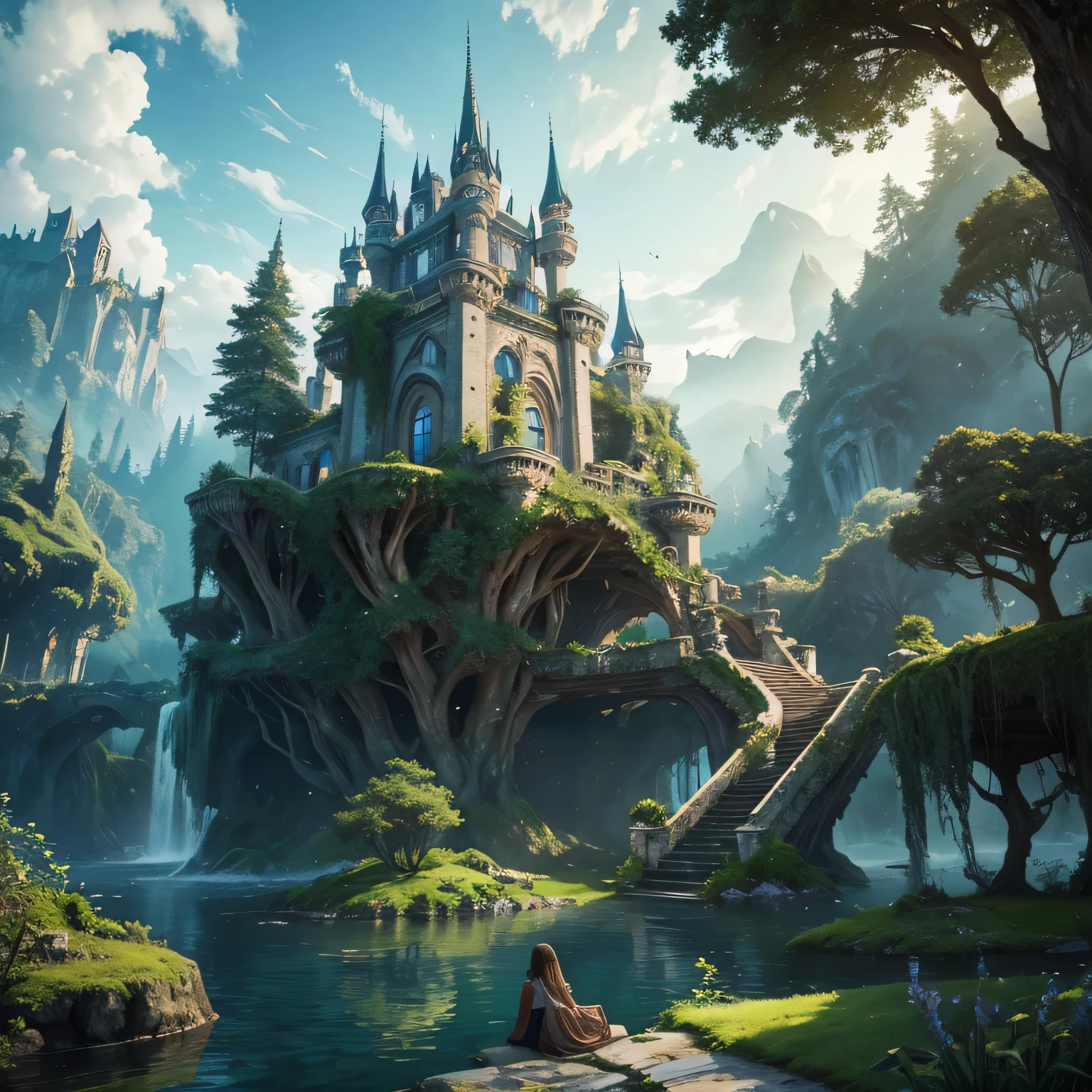 (a)lonely castle on a floating island,up in the sky,waterfalls,illustration,detailed landscape,highres,soft color palette,surreal lighting,ethereal mist,hidden entrance(tree trunk door),majestic towers,ancient architecture,overgrown vines,grand staircase,flying birds,floating clouds,mysterious atmosphere,photorealistic:1.2,lush vegetation,serene reflections,enchanted ruins,historical fantasy,enchanted forest,cascading water,peaceful solitude,tranquil ambiance,impressive view,medieval,whispering wind,majestic presence,isolated kingdom,secret garden,guardian statues,mythical creatures