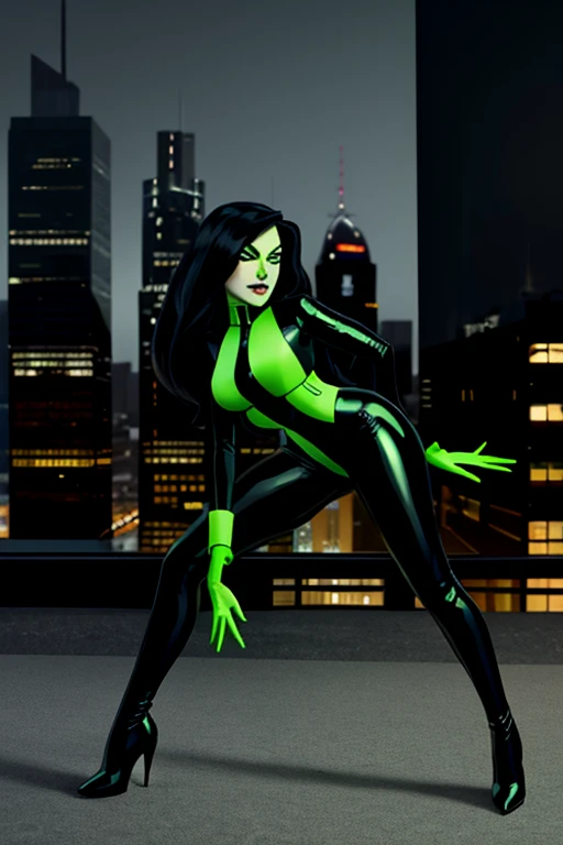 <lora:ShegoV1:0.6>shego, 1girl, (((bodysuit))),black hair, black lips, green eyes, lips, long hair, looking at viewer, makeup,multicolored clothes