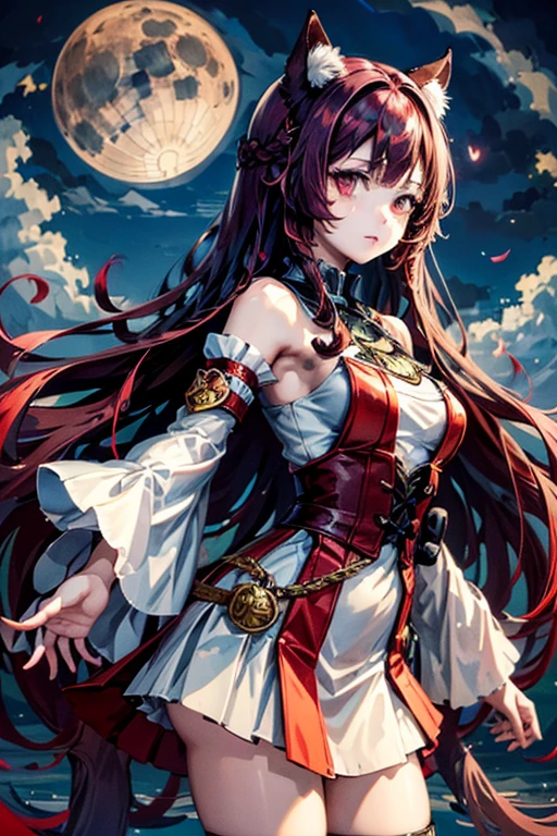 A beautifull catgirl, blank and red curly and long hair, red eyes, perfect eyes, perfect body, fighting, moonlight background