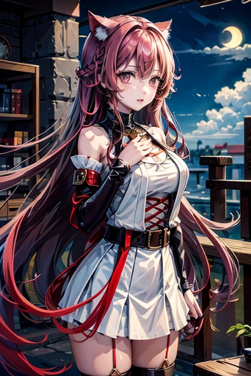 A beautifull catgirl, blank and red curly and long hair, red eyes, perfect eyes, perfect body, fighting, moonlight background