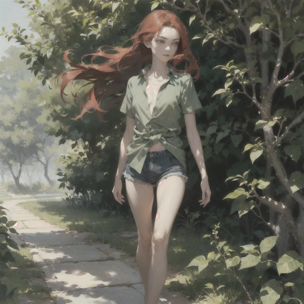 Beautiful slender thin exquisite (nude) girl with a perfect face of the southern type with red hair with delicate beautiful expressive breasts with tender nipples barefoot with bare hips ((with red pubic hairs)) ((in an unbuttoned open (green shirt) on a naked body and in short green shorts)) walks along a brick road in the middle of a flowering field, in a gentle watercolor style, Discreet shades, sfumato, haze, diffused dim light, delicate mint shades, imitation of film photography, (olive and grape groves, Brick Road), (High image quality, Maximum detail)