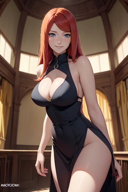 light effect, soft, super clear, high-definition picture, (front), masterpiece, cinematic lighting, Kushina Utsumaki, blue eyes, red hair, 1girl, solo, looking at viewer, smile, large breast, open shoulder, open chest, black short dress