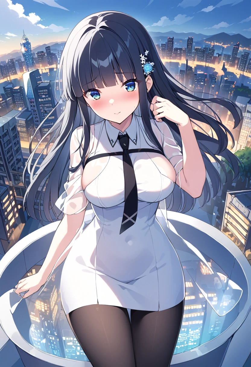 SHIBA MIYUKI, BLACK HAIR, BLUE EYES, LONG HAIR, HAIR ORNAMENT, BLUNT BANGS
FIRST HIGH , WHITE DRESS, BLACK NECKTIE, CITY, BLACK PANTYHOSE, SEE-THROUGH DRESS  ,large breasts , ConcertHole, 1girl, , nsfw