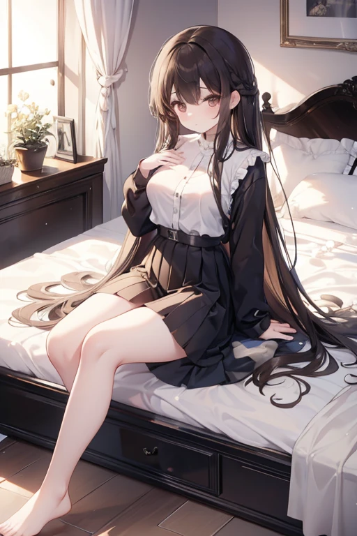 Italian girl, very long brown hair, busty, wearing a small shirt, wearing a black pleated miniskirt, her hair covering her breasts, bare feet, bedroom