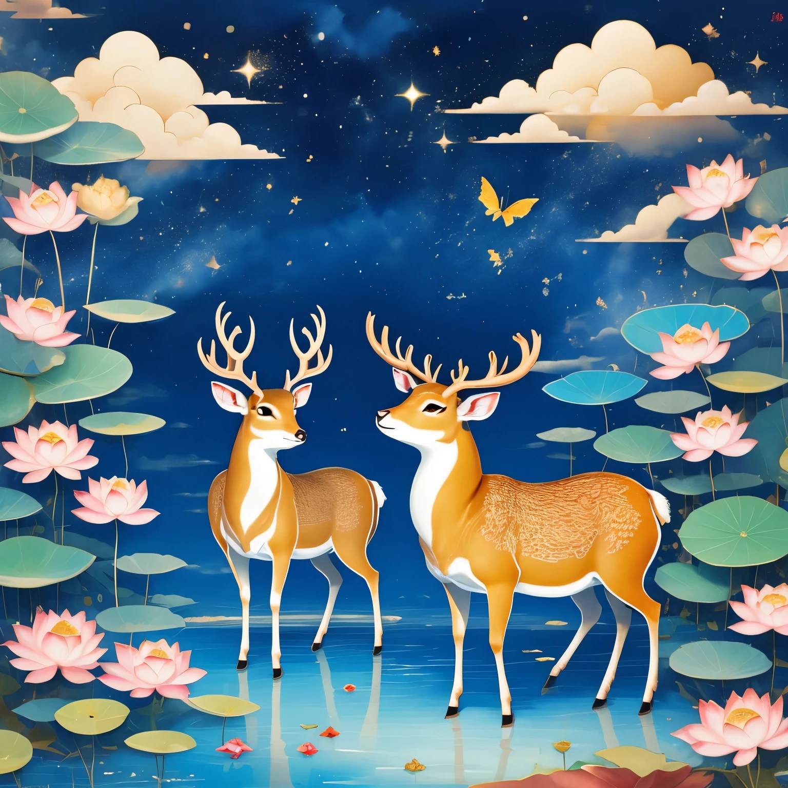 (masterpiece, best quality:1.2), Dunhuang art style illustration,Nine-colored deer surrounded by auspicious clouds，Magnificent ,（Deer shining with starlight：1.36） Stand in a lotus pond ,Extremely delicate brushstrokes, Soft and smooth, Chinese red and indigo, Golden background