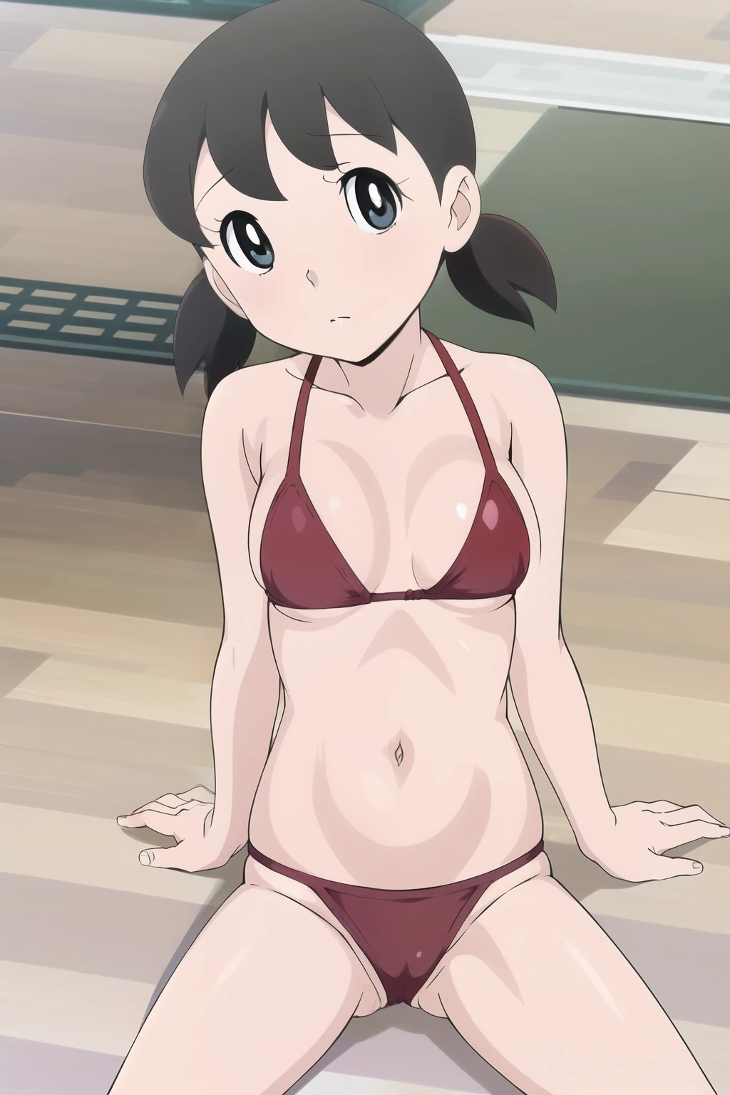 (anime cels style, masterpiece, best quality, high resolution, megami magazine, anime poster style, sharp, 8k), (beautiful eyes:1.2), shizuka minamoto, 1girl, black hair, black eyes, short twin braids, closed mouth, blush, (large breast), (on back, sleepy), cowboy shot, spread legs, red bikini, bed, (perfect detailed anatomy, beautiful face, perfect body, perfect arms, shiny skin),