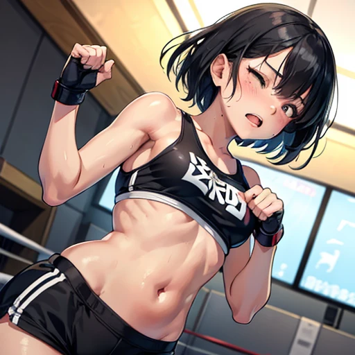 Small breasts. Cute Japanese high school girl with short-cut black hair. She competes in a mixed martial arts ring. Her femail opponent's fist is hitting her poor belly. She is in pain. She is very sweaty, out of breath, both eyes tightly closed, out of stamina, slender body, poor body, poor belly, sports bra, bikini shorts, open finger gloves.