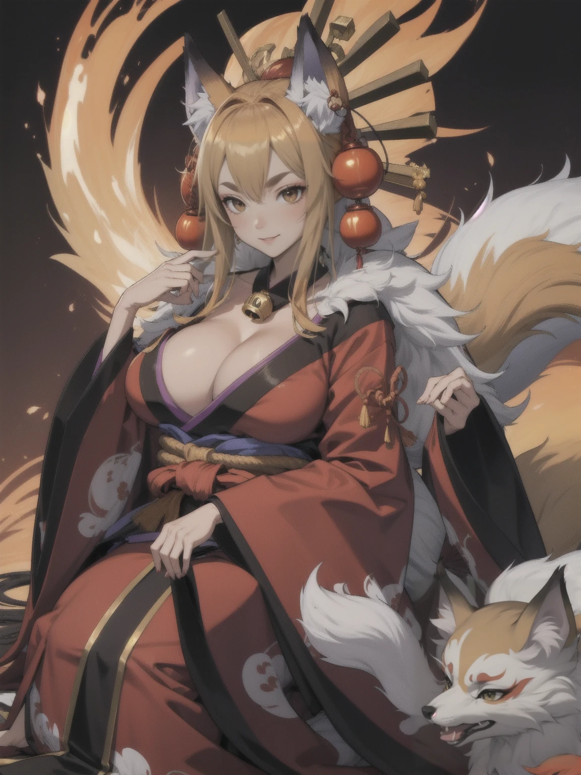 yuanshen,1girl,animal ears,multiple tails,tail,japanese clothes,fox ears,fox tail,kimono,sitting,kitsune,wide sleeves,fox,holding,long hair,kyuubi,hand fan,animal,hair ornament,solo,looking at viewer,long sleeves,blonde hair,rope,holding fan,makeup,bell,torii,mask,fox girl,perfect hands, huge breasts, cleavage, mature, wild hair, hair covering one eye,