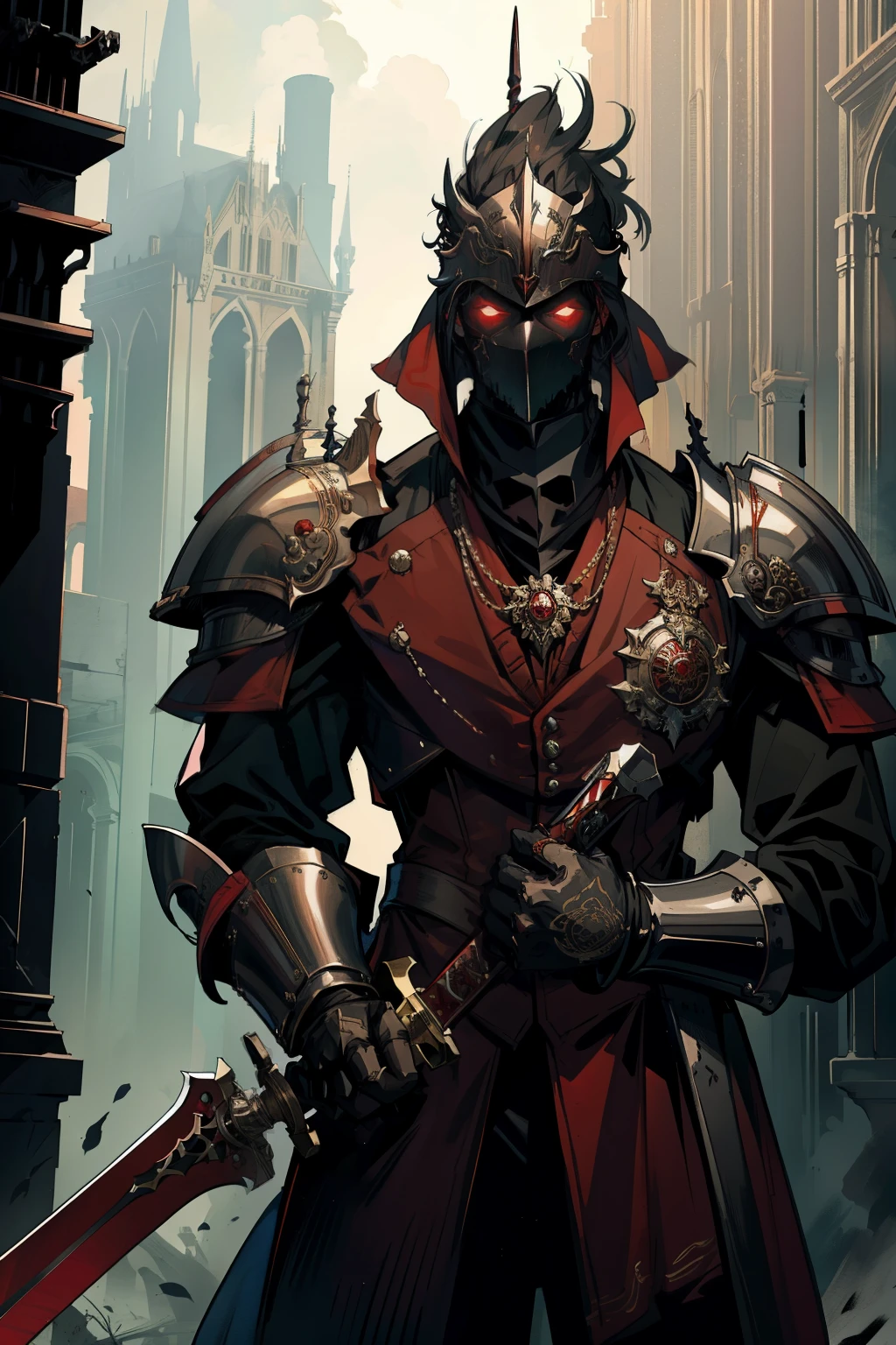 A man in a dark red Victorian suit. The shoulders and head are protected by armor, and a two-handed sword is in his hands. He looks directly at the viewer, wearing a deaf helmet.
