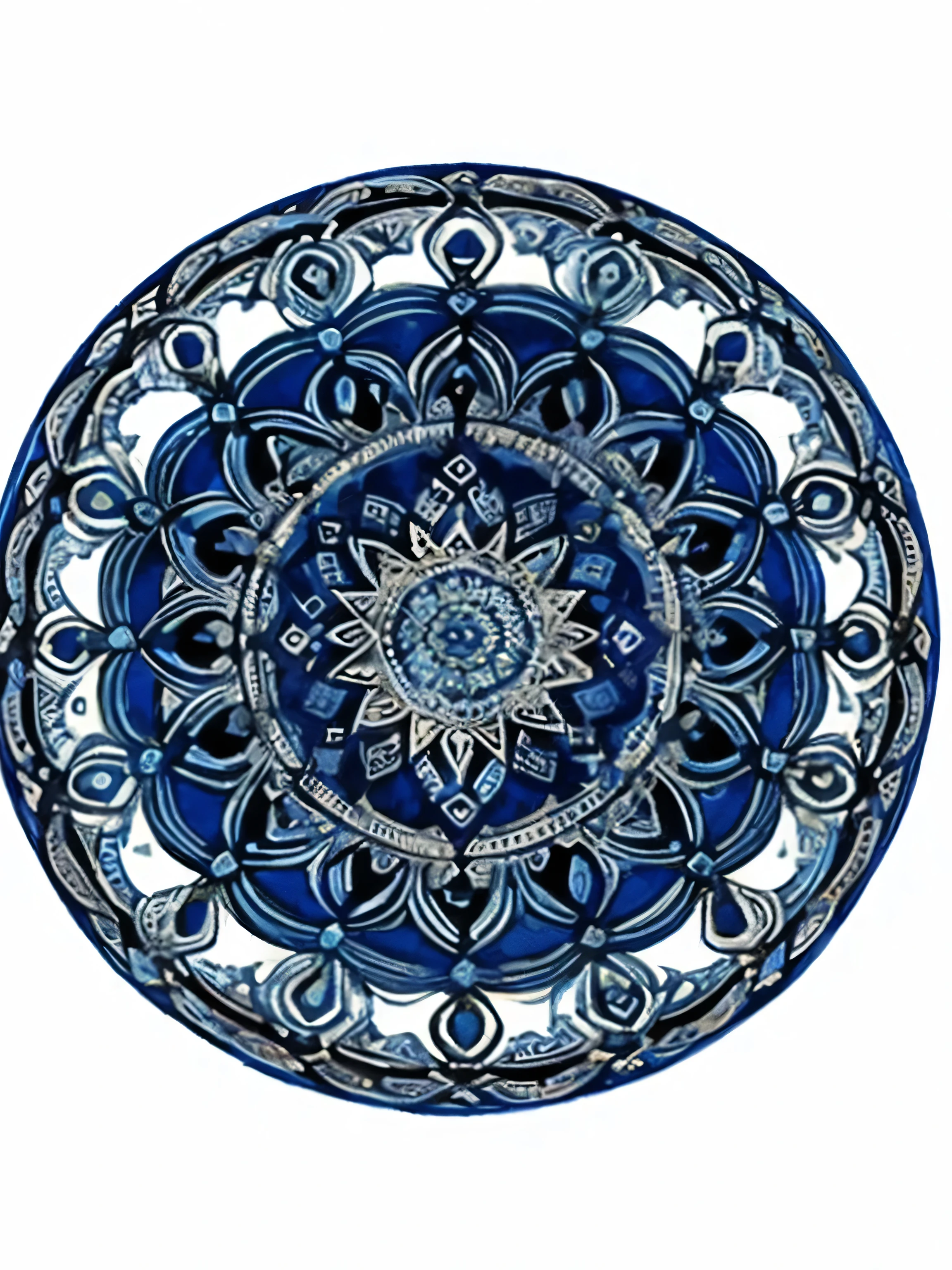 blue color mandala, con el manto de la madre teresa de Calcuta, ojo turco, centrado en fondo blanco, bien definido, has the registration "Inés laboratory"