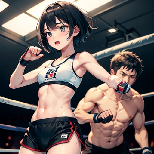 Small breasts. Cute Japanese high school girl with short-cut black hair. She competes in a mixed martial arts ring. Her femail opponent's fist is hitting her poor belly. She is in pain. She is very sweaty, out of breath, both eyes tightly closed, out of stamina, slender body, poor body, poor belly, sports bra, bikini shorts, open finger gloves.