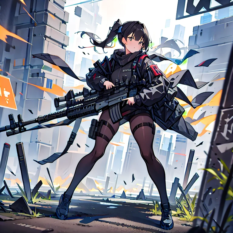 Girl shooting pose, One Girl, Shooting with an assault rifle, Sophisticated Assault Rifle, High-performance assault rifle, Dynamic Perspective, Full Body Shot