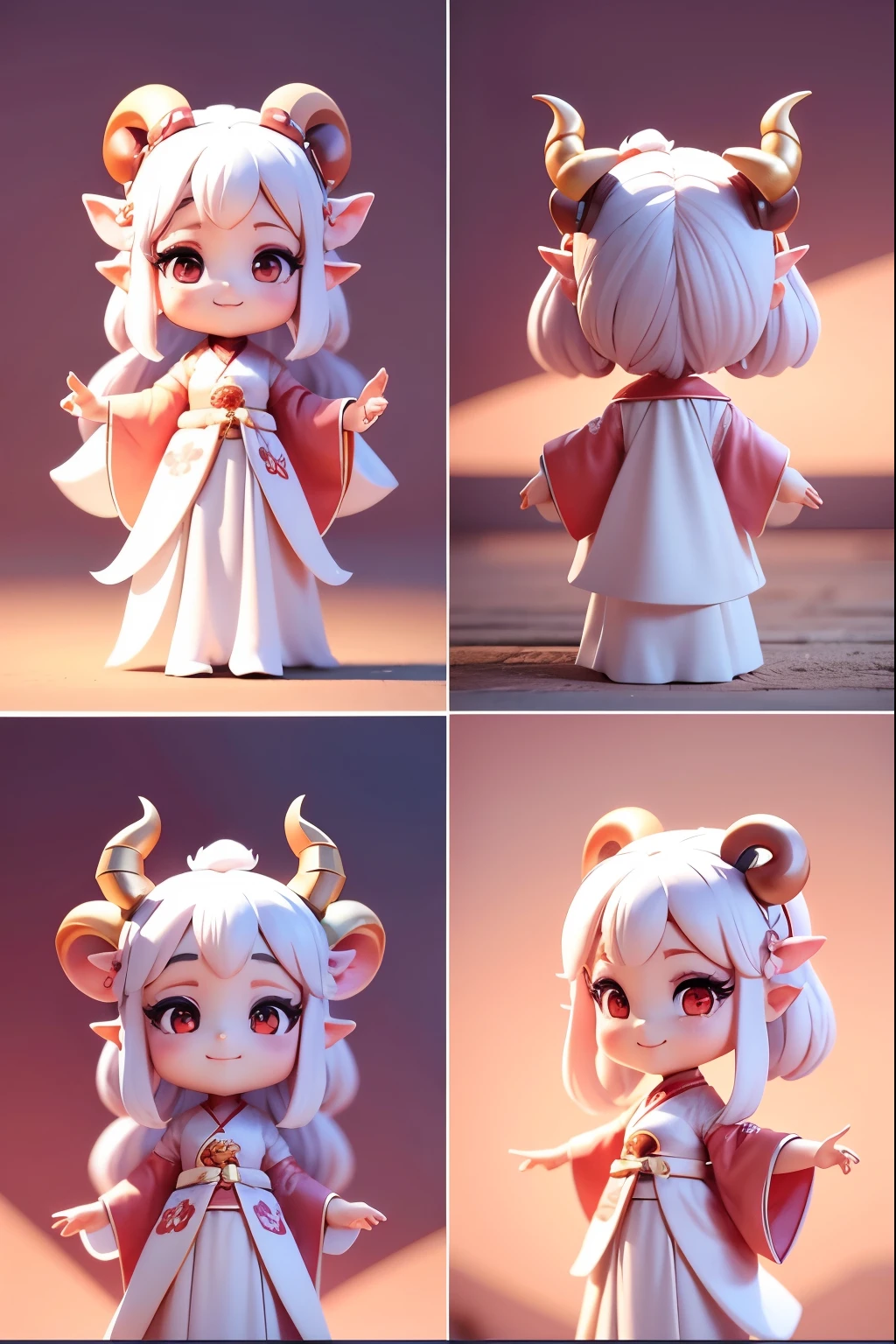 Multiple Views,Front view,side view,Rear view,A cute Aries cartoon character,There are horns on the top of the head,Wearing ancient white Hanfu,big eyes,Smiling,Including Chibi style,Pixar Disney Style,8k,3D,C4D,