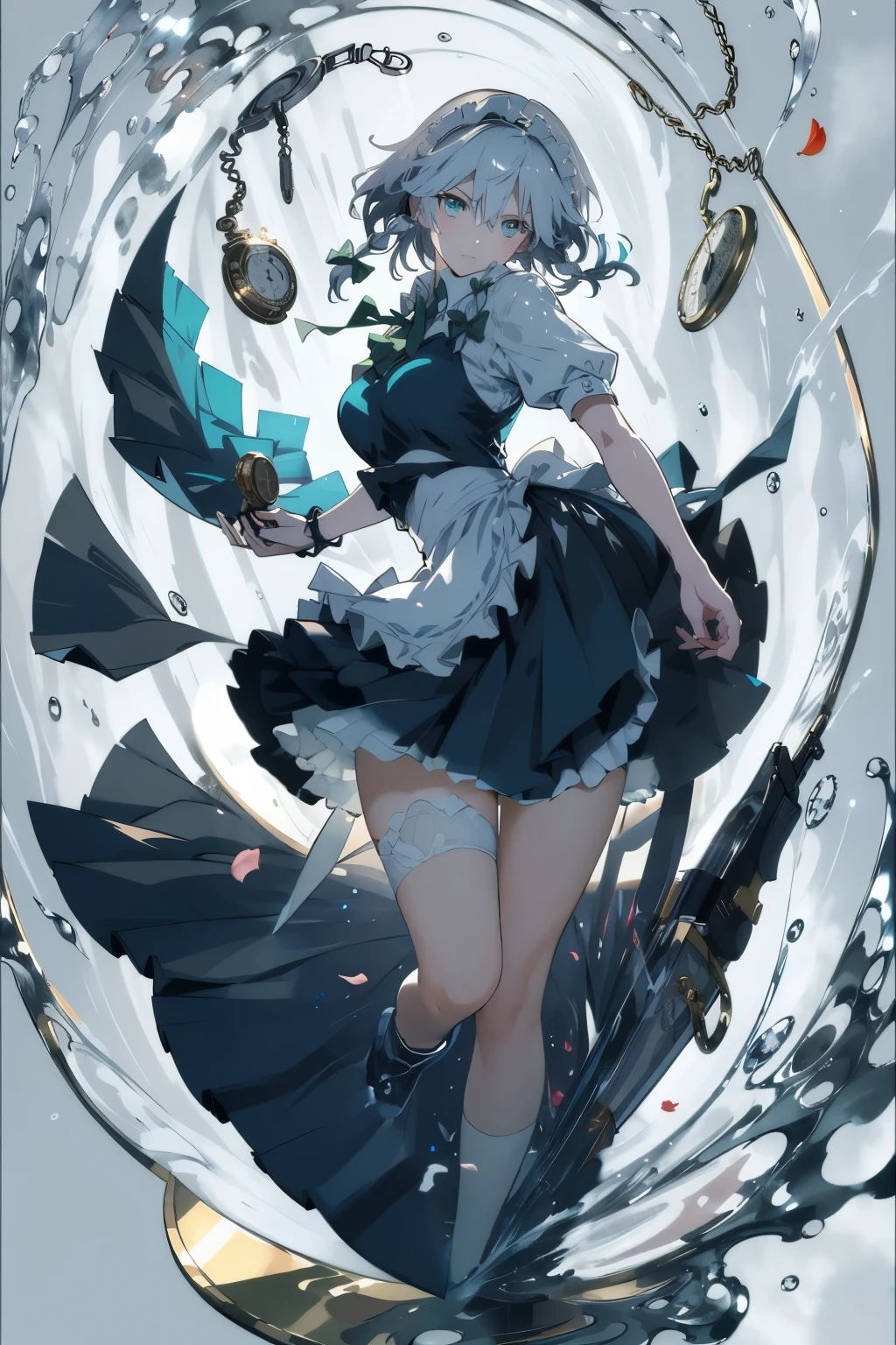 masterpiece, best quality, illustration, 1girl, solo, Izayoi Sakuya, (white short hair), maid headband, sharp eyes, (vivid color), light, thick smoke:1.6, (floating white ink:1.8), Cyan flame, (beautiful and clear background:1.25), (depth of field:0.7), Dreamlike, (highres:1.2), (ultra-detailed:1.2), (extremely detailed CG unity 8k wallpaper:1.2), (traditional media), (sketch:1.1), finely detailed beautiful eyes and detailed face, Knives, (flying petals:1.2), (evil look:1.5), (knives in right hand and pocket watch in left hand:1.3), Knifefight, dynamic colors, colorful, dynamic pose, dynamic angle, (full body:1.5), Touhou, knife, holding Knives, izayoi sakuya, medium breasts, (detailed eyes), cute, beauty, HDR, 4K, nier anime style, harmony, fighting stance, izayoi sakuya