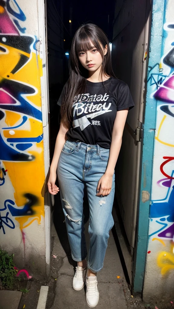 muster piece, best quality, illustration, Super detailed, fine details, High resolution, 8K,wall paper, perfect dynamic composition,(Details High quality, realistic depiction of eyes:1.3),  (Japanese teenage girl standing in a dirty back alley at night, graffitied wall:1.1), (wearing a tattered and dirty t-shirt.:1.1), Wearing baggy pants, dirty body, black hair color, Big Natural Color Lip,  seductive face, provocative look, crying a little、cold gaze, Harajuku style、(graffiti), night time, 20 year old girl、cute type、lolita, beautiful legs, Gravure Idol, full body photo、focus on crotch, (huge breasts)