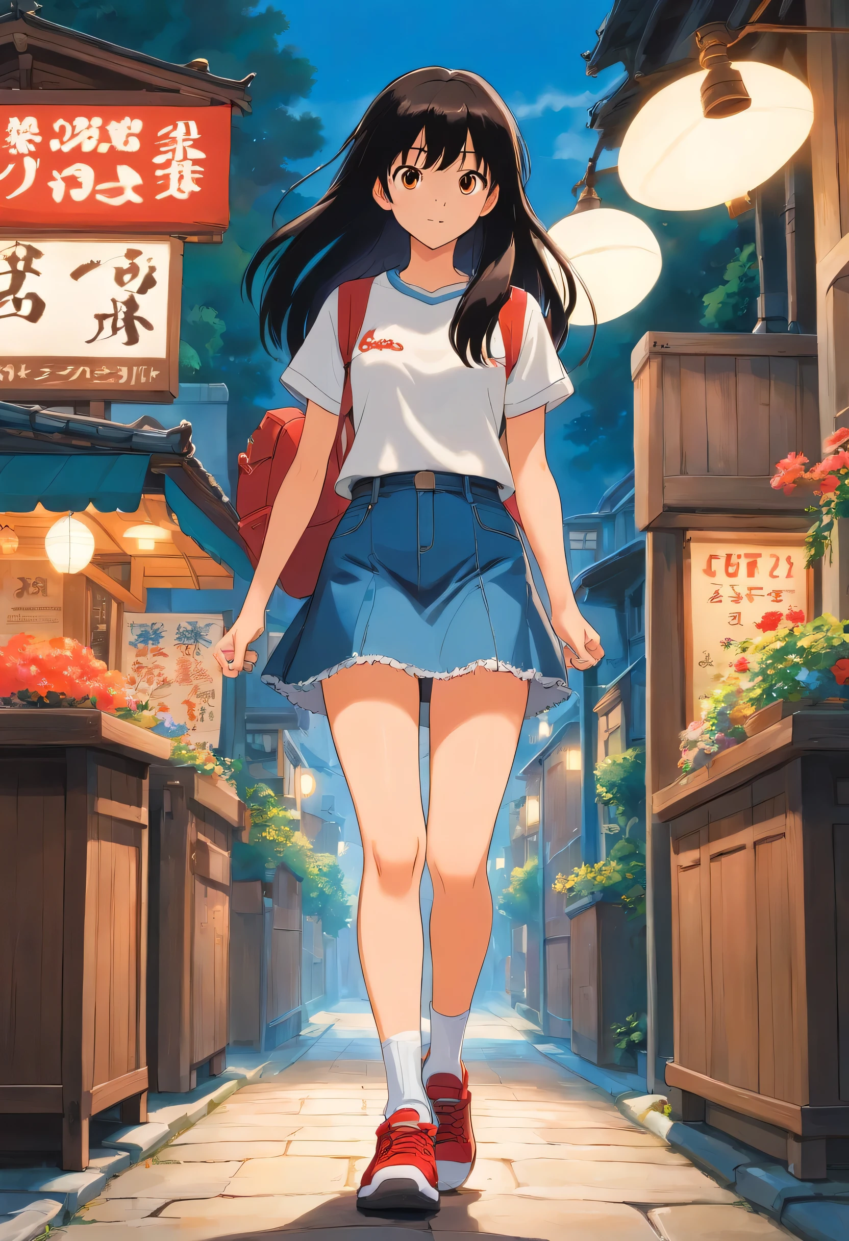 Young girl, 20 years old, straight black long hair with bangs, 1.60 meters tall, dark brown almond eyes, white t-shirt, blue jean skirt, red sneakers, ankle socks, ghibli vilage