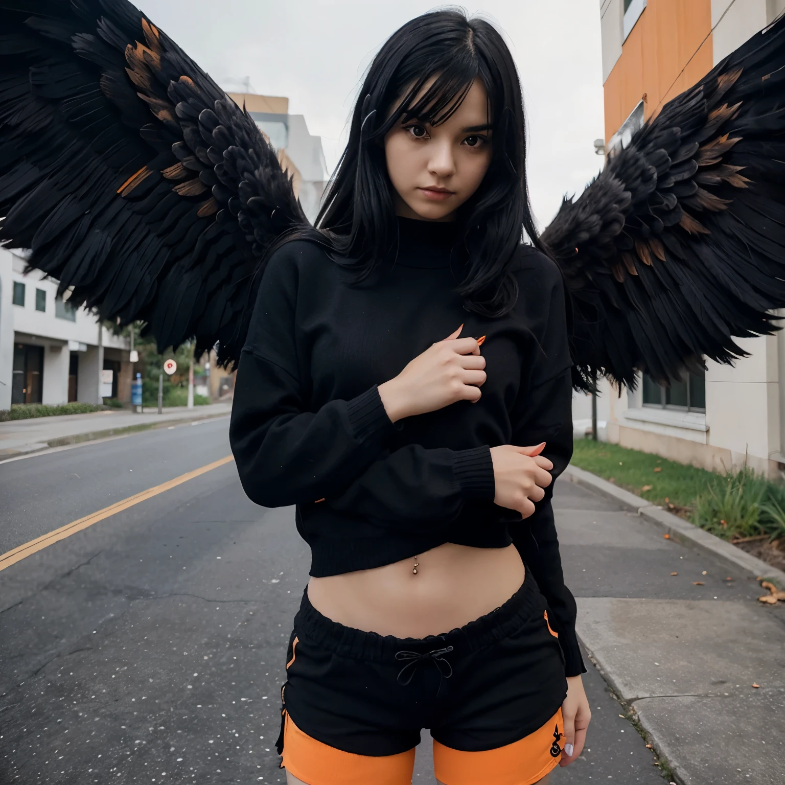 Black haired emo girl in short orange sweater and black shorts with angel wings and purple eyes