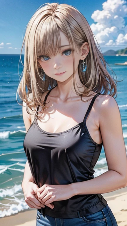 ((highest quality)), ((masterpiece)), (Very detailed), (Very high resolution), ((Realistic)), 8k, Perfect Line Drawing, Beautiful line art,
Anime 2D Rendering, (The best CG), Ultra-detailed art,
One Girl:1.5,
Symmetrical facial features:1.4, Perfect Face, Beautiful clavicle, Beautiful fingers, Beautiful breasts, (Slightly smaller chest),
Beautiful body, Beautiful thighs, Beautiful feet, Perfect round butt, (Detailed skin), (Shiny skin:1.2, Beautiful white skin:1.4),
BREAK Baby Face, cute, 18-year-old,
Double eyelids, Natural eyebrows,
(Expression of fine eyes, Beautiful and delicate eyes, twinkle in the eyes, blue eyes),
Glossy mouth,
Beautiful Hair, Shiny Hair, Hair fluttering, (Blonde, (Long hair that curls outwards)),
BREAK
(Black camisole:1.4)、(Denim skinny pants), sneakers, Earrings、Silver Necklace、
BREAK
(Enchanting、Sidelong glance、Embarrassed expression、smile、Blushing), (Cowboy Shot), (Are standing、Turn your face towards me、Put your hands together above your head)、sunlight, ((blue sky, coastal))