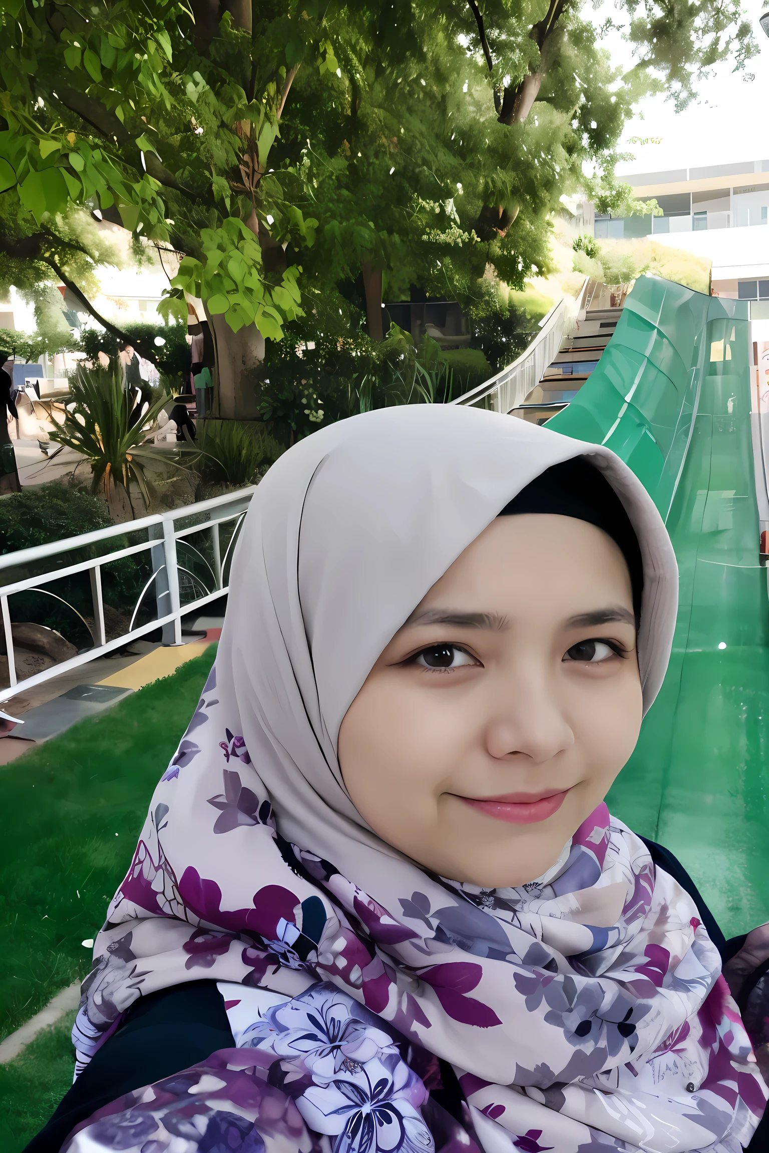 a close up of a woman wearing a headscarf and a scarf, faridah malik, with a park in the background, at a park, in garden, with a park in the back ground, hijab, 38 years old, 3 2 years old, 2 8 years old, 2 7 years old, ismail, 2 9 years old, old picture, in a park