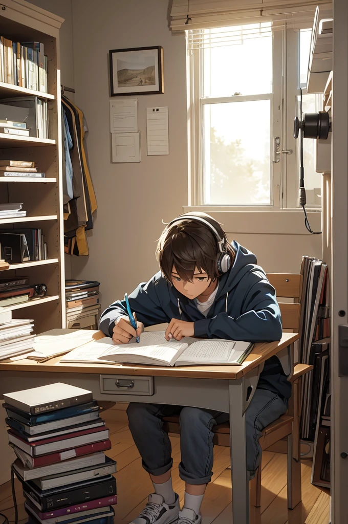 A age boy studying, writing on the notebook in an organized room with a relaxing and cool atmosphere using headphones